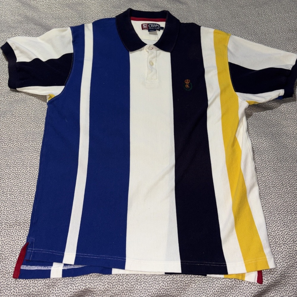 VTG Chaps Ralph Lauren Mens Vertical Color Stripes Polo Shirt Large Crest Logo